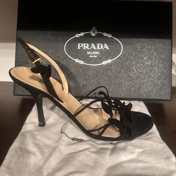 Prada Calzature Donna Camoscio Foglia Black Strappy Heels - Picture 6 of 15